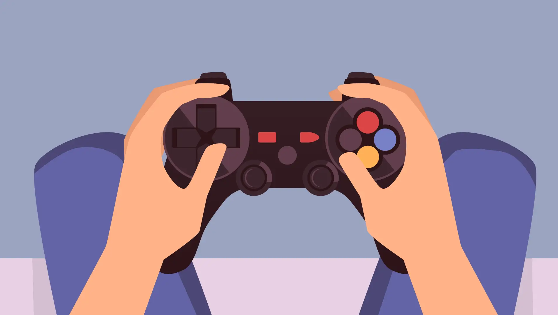 Illustration aus der Sicht einer Person, die einen Controller hält um ein Videospiel zu spielen