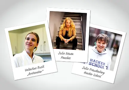 Drei übereinander gelegte Polaroid-Fotos zeigen Julia Freudenberg im „Hacker School“-Hoodie, Julia Neuen auf einer Treppe und Valentina Busik im Arztkittel, jeweils mit handschriftlichen Namensbeschriftungen.