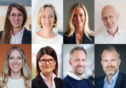 Ein Raster aus acht Portraits von Personen in professioneller Kleidung, die vor neutralen Hintergründen fotografiert wurden.