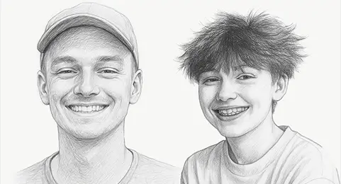 Zwei gezeichnete Personen, eine mit Basecap, die andere mit zerzausten Haaren, sind nebeneinander porträtiert.