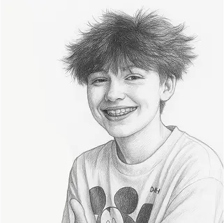 Bleistiftzeichnung eines Jugendlichen mit zerzausten Haaren und T-Shirt mit Mickey-Mouse-Motiv.