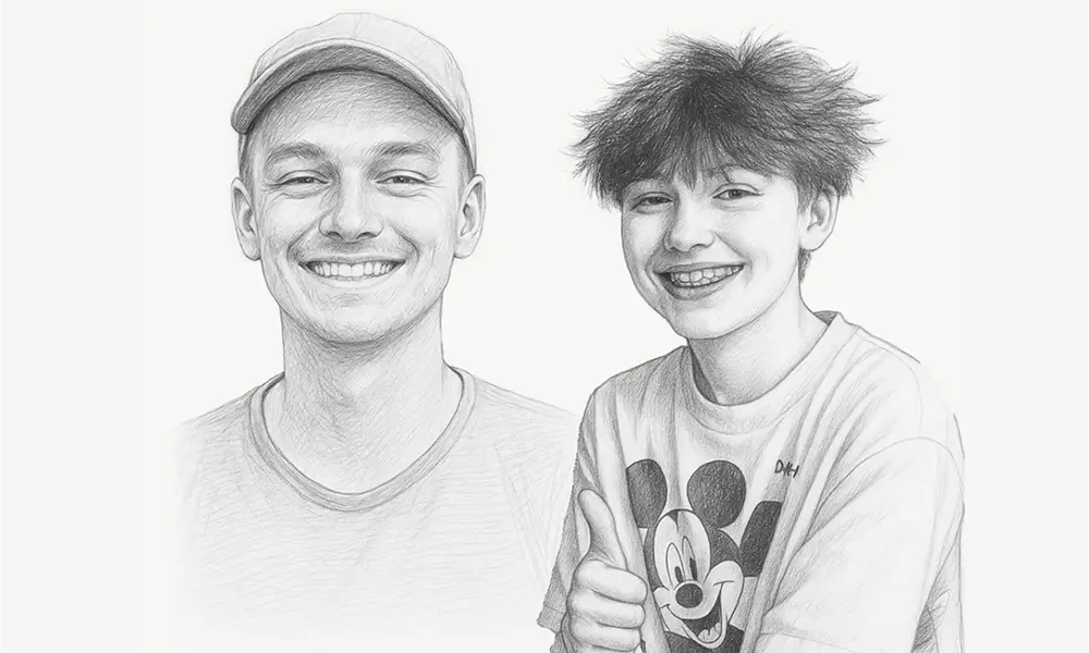 Zwei Personen, als Bleistiftzeichnung dargestellt: links ein junger Mann mit Basecap, rechts ein Jugendlicher mit zerzausten Haaren und