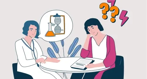 Zwei Frauen sitzen an einem Tisch, eine spricht über chemische Symbole, während die andere nachdenklich zuhört und Fragenzeichen über ihrem Kopf