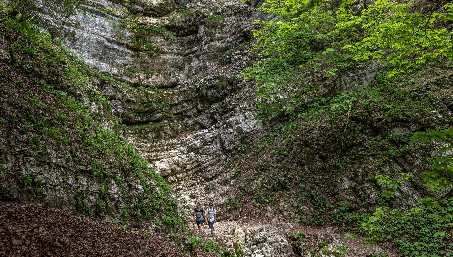 Zwei Wanderer gehen durch eine enge, felsige Schlucht mit grün bewachsenen Wänden.