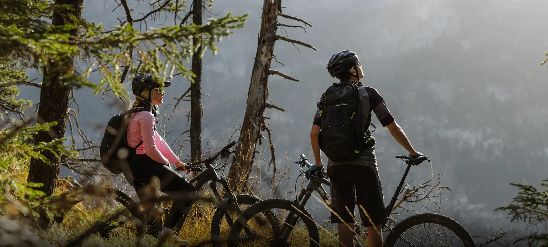 Zwei Mountainbiker stehen mit ihren Rädern am Waldrand und blicken auf die umliegende Berglandschaft.
