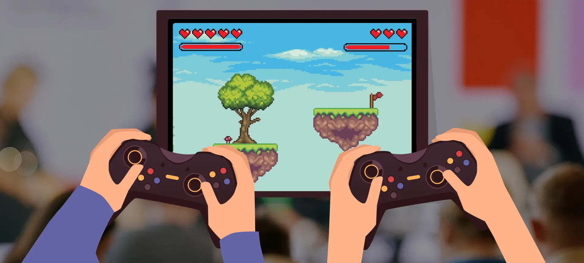 Zwei Hände halten Spiele-Controller vor einem Bildschirm, auf dem ein buntes Jump-and-Run-Videospiel mit Pixelgrafik zu sehen ist. Im Hintergrund sind unscharfe Personen und farbige Flächen erkennbar.