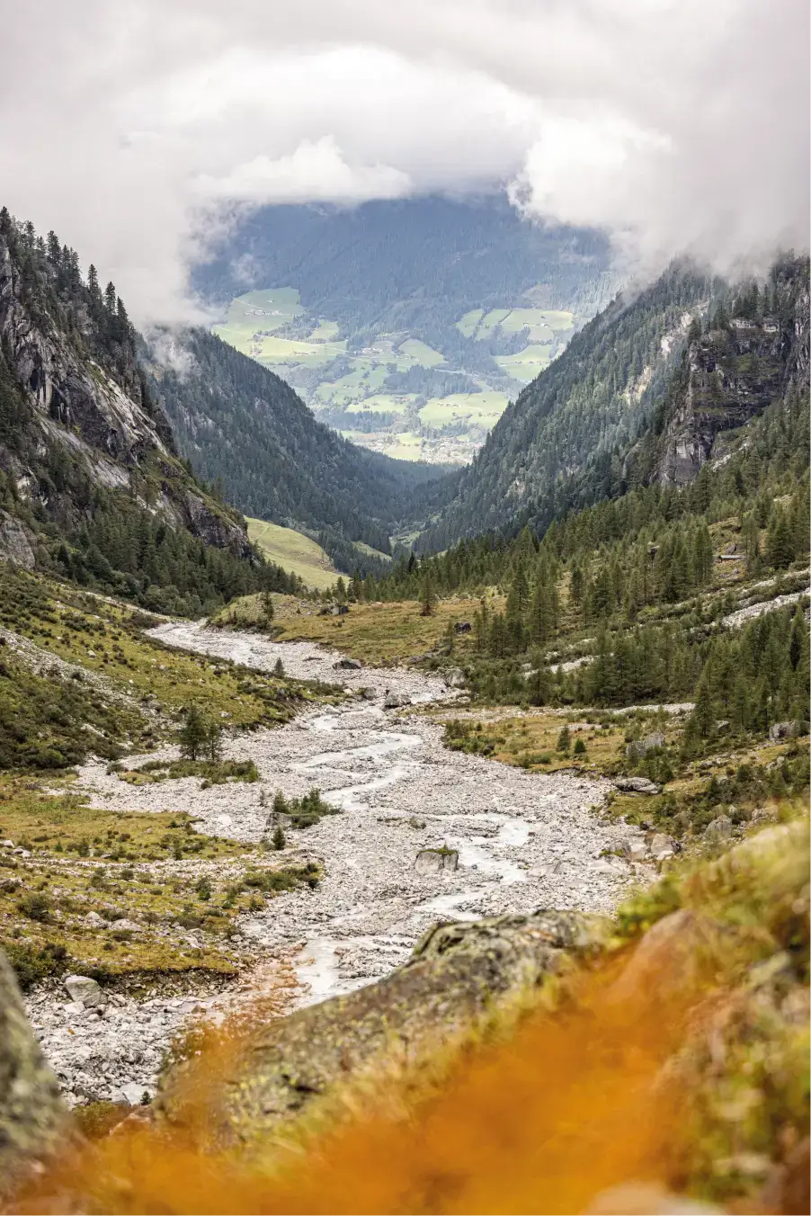 Blick durch ein Gebirgstal auf eine grüne Landschaft mit Wiesen und Wäldern, umgeben von Felsen und Wolken.