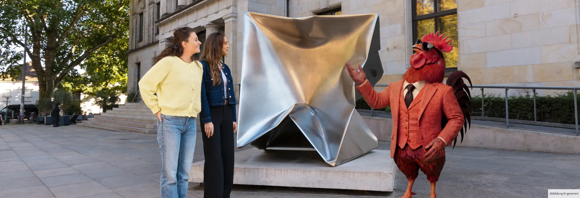 Vor einem Museumsgebäude stehen zwei Frauen neben einer großen silbernen Skulptur; rechts steht ein KI-generierter Hahn.