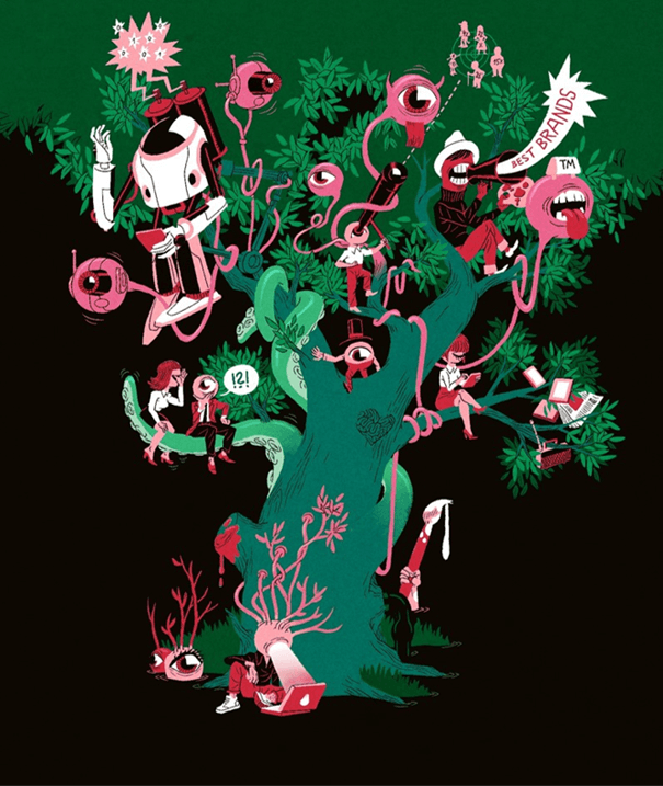 Illustration eines grünen Baumes auf dem verschiedene Figuren sitzen und miteinander sprechen.